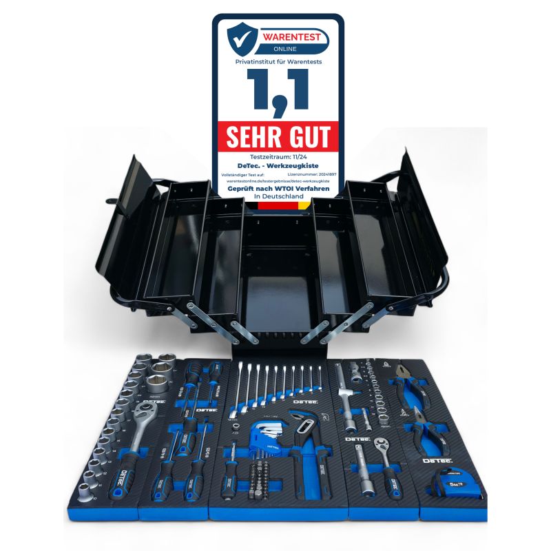 DeTec. Werkzeugkiste 96 tlg. in Schwarz zum aufklappen mit Carbon Optik Einleger