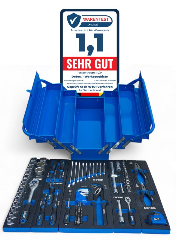 DeTec. Werkzeugkiste 96 tlg. in blau zum aufklappen mit Carbon Optik Einleger