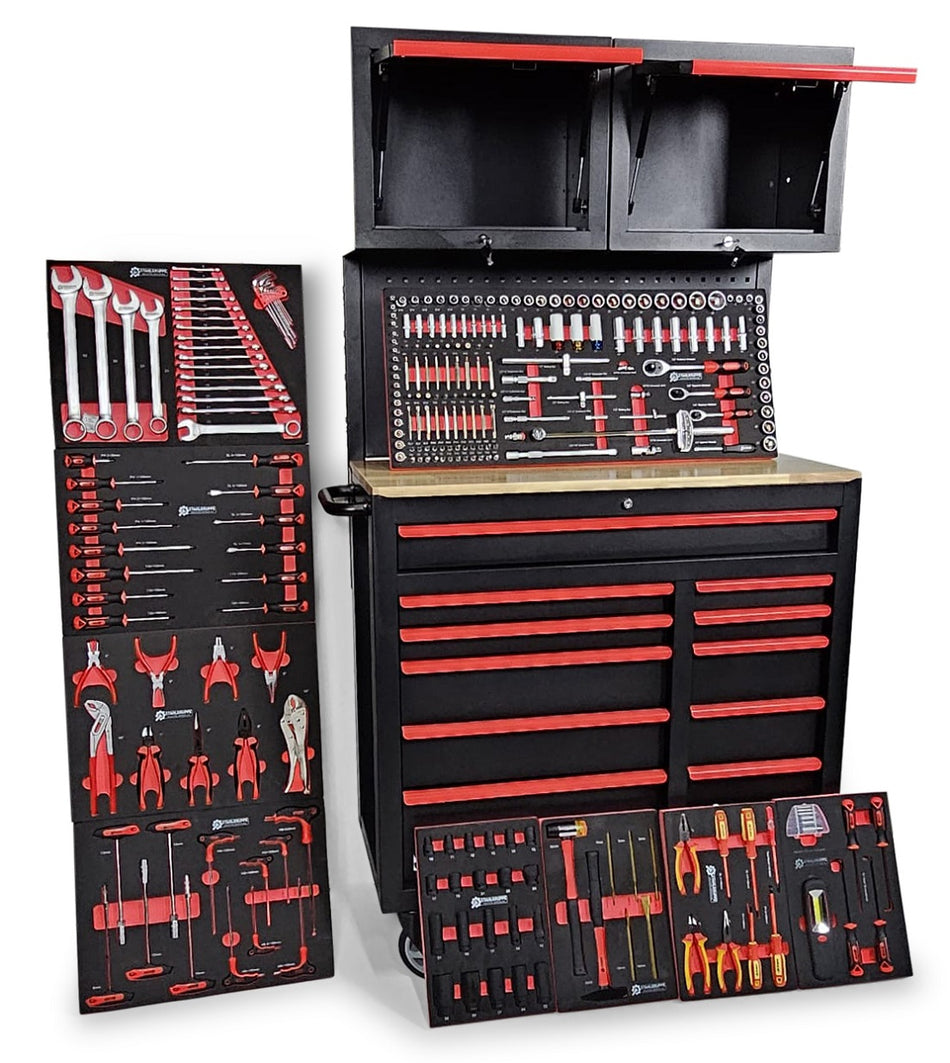 Mobile Werkbank XXL Werkstattwagen 11 Schubladen 9 Gefüllt Rückwand 2 Schränken