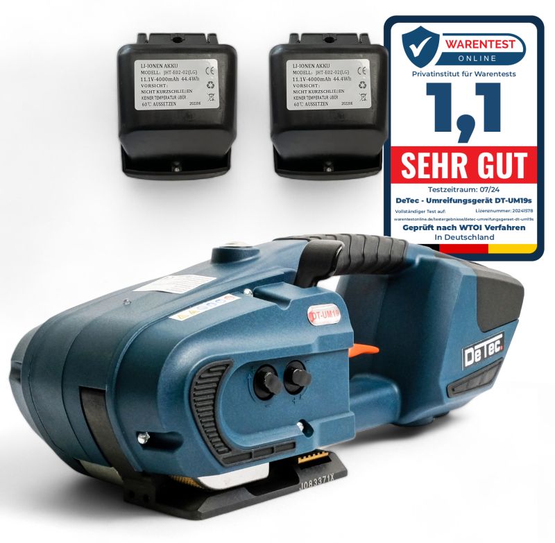 DeTec. DT-UM19 Umreifungsgerät mit 2 Akkus für Kunststoffbänder (PE und PP)'