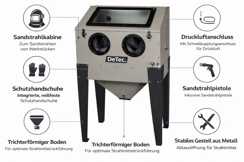 Profi Sandstrahlkabine 220L – Inkl. Strahlpistole, Beleuchtung & Zubehör – 8 Bar Stationär Fronttüre