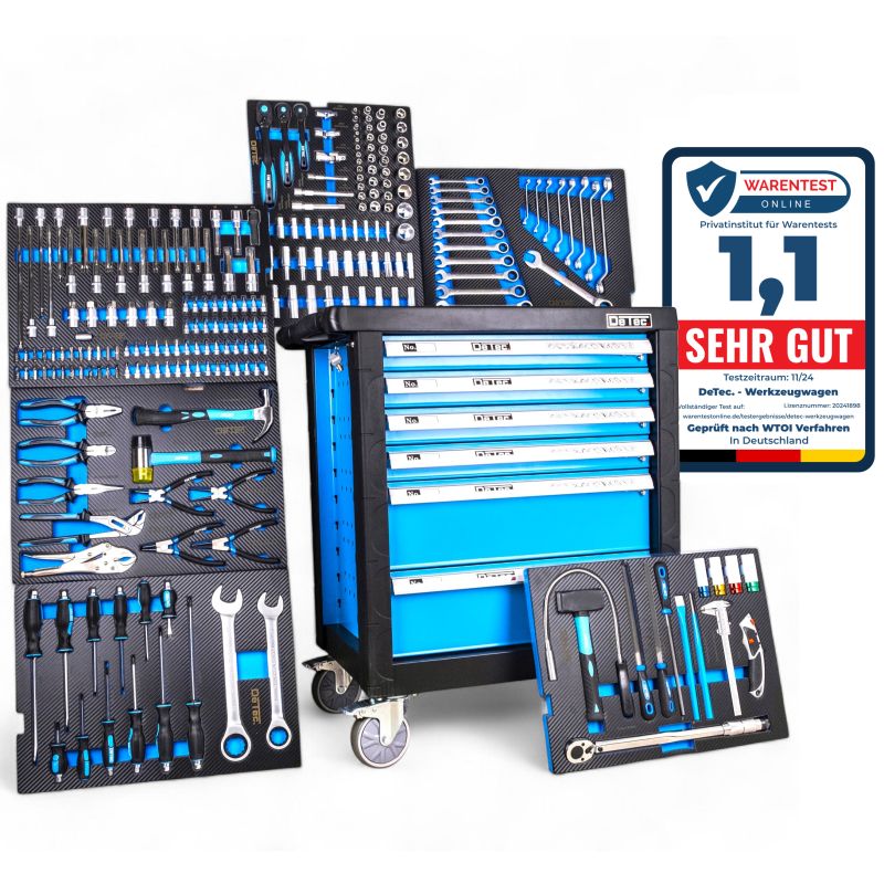 DeTec. 3066 Werkstattwagen 6/6 Schubladen gefüllt mit Werkzeug blau