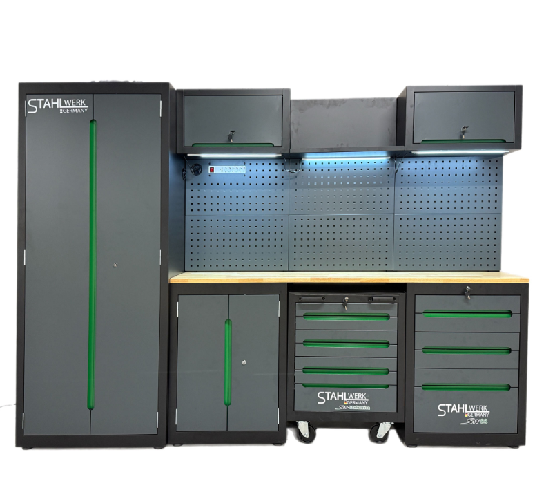 Stahlwerk Germany SW88 Werkstation – Professionelle Werkstatteinrichtung (12 Module, inkl. Werkzeug, Werkzeugwagen & LED)