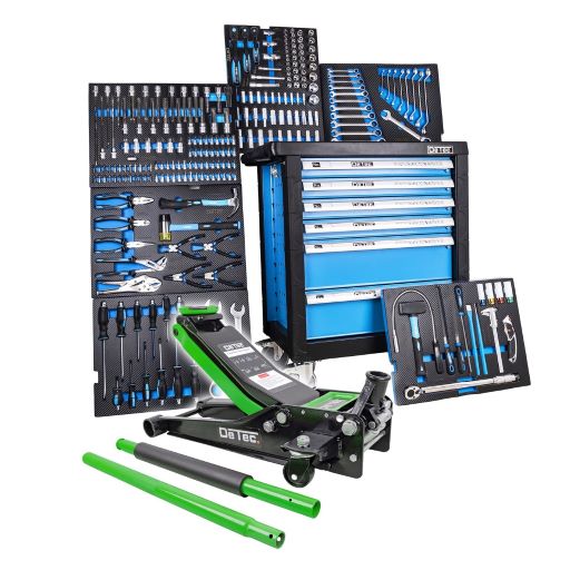 DeTec. 3066 Werkstattwagen 6/6 Schubladen + DeTec. Wagenheber 3 Tonnen Grün Kombiset'