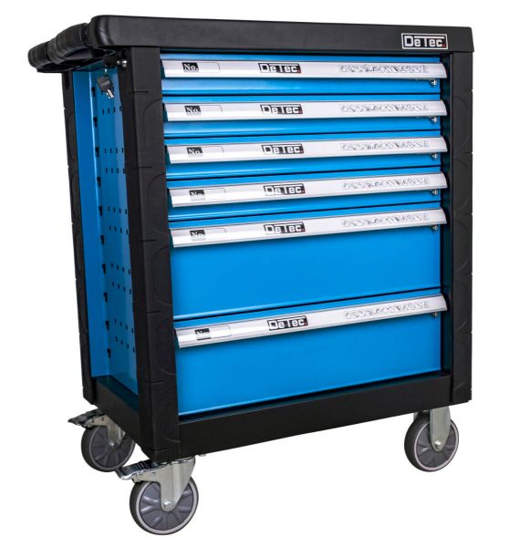 DeTec. 3066 Werkstattwagen 6/6 Schubladen gefüllt mit Werkzeug blau