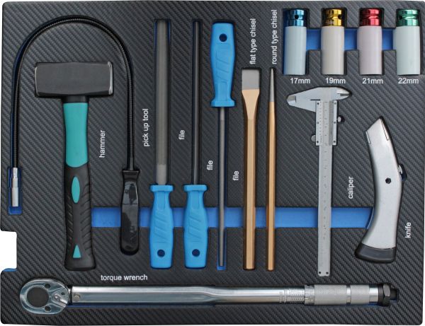 DeTec. Werkzeug-Set-Basic mit 3x Feilen, 2x Meißel, Fäustel, Drehmomentschlüssel Plus 4x Felgennüssen, Schiebelehre | Carbon - Systemeinleger für Werkstattwagen